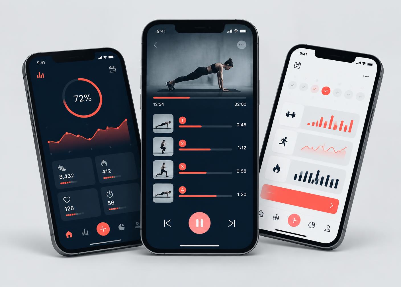 Fitness tracking application displayed on three mobile phones