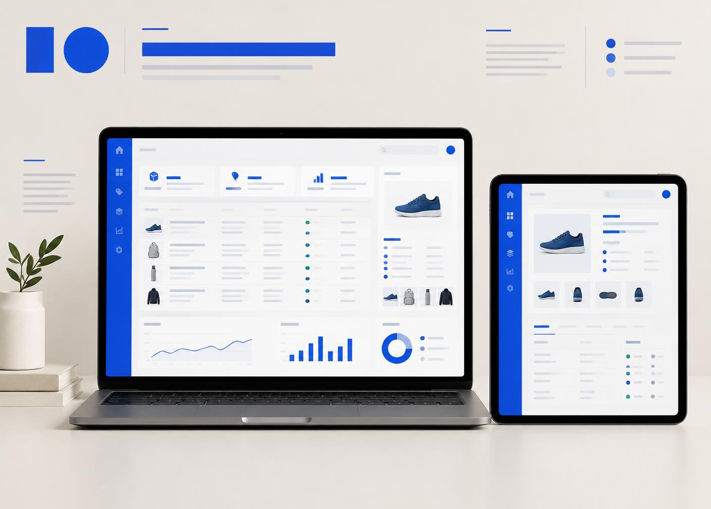 PIMworks product management dashboard presented on a laptop and tablet